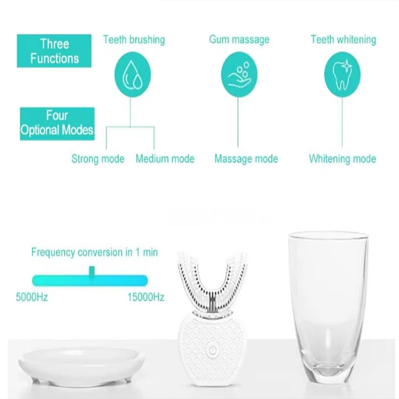 U-shaped electric toothbrush with ultrasonic oral cleaner, featuring soft bristles and an adult whitening tool Peaceful Pleasures Health and Wellness