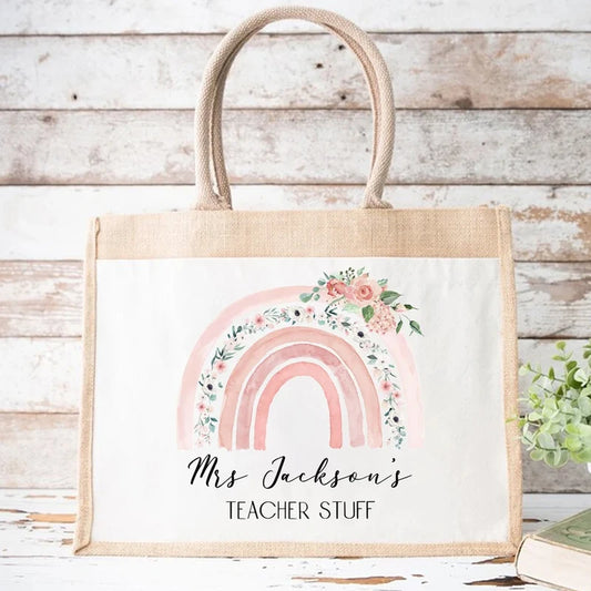 Personalised Pink Rainbow Tote Bag | Custom Teacher Gift Personalised Tote Bag Peaceful Pleasures Health and Wellness