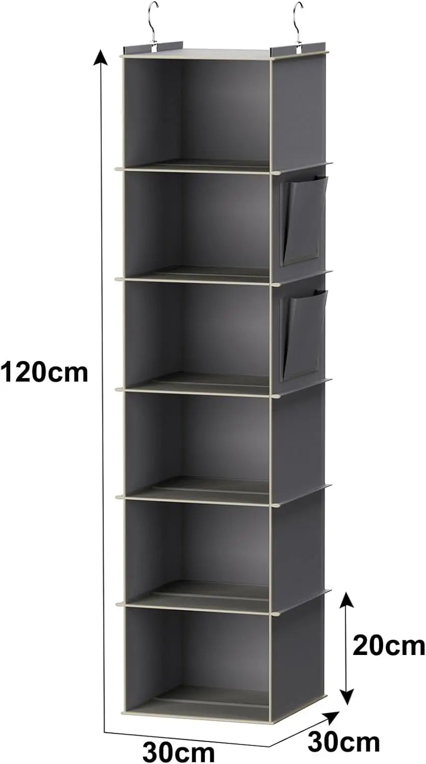 Tall gray shelving unit with dimensions labeled on a white background