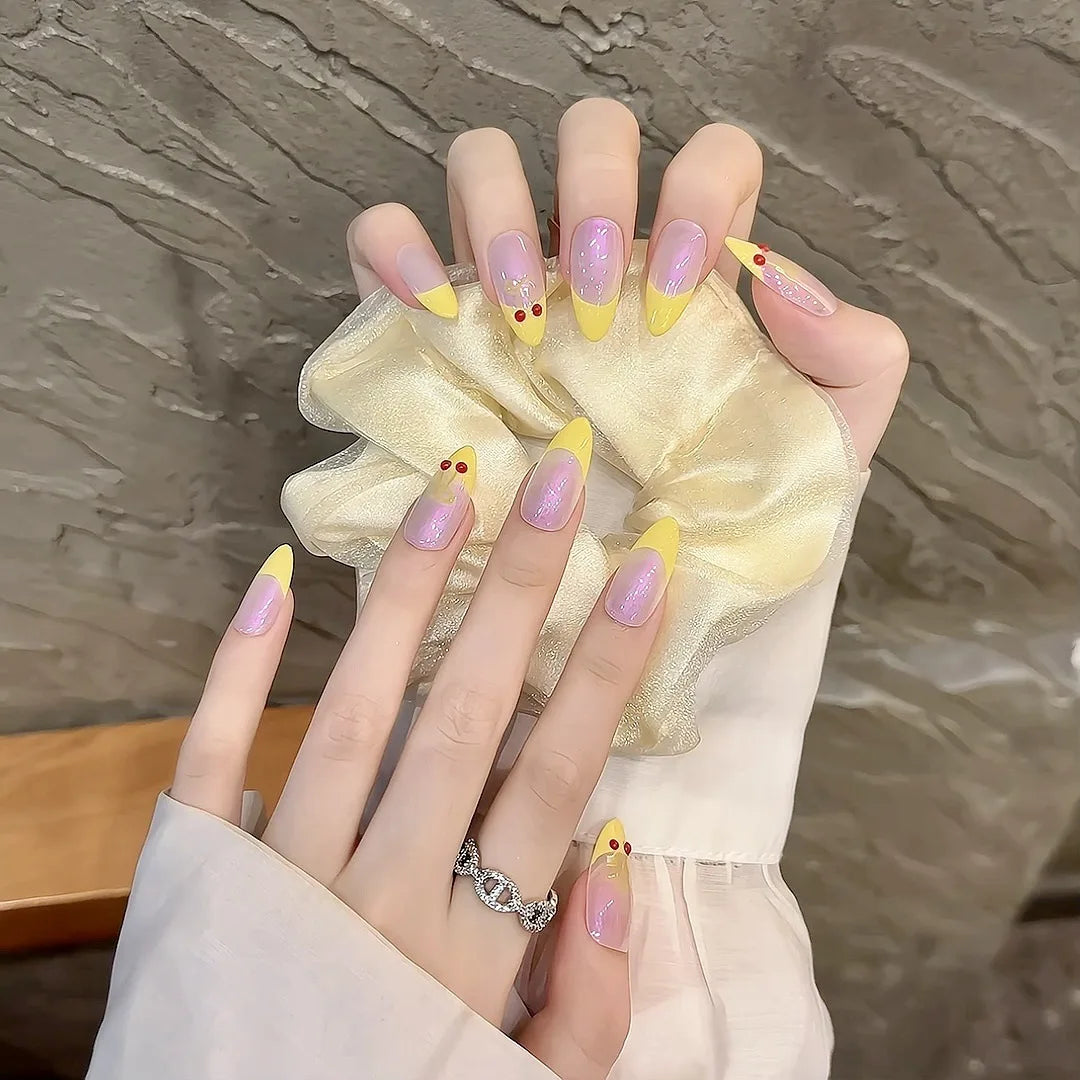 Handmade Press on Nails Cute Bear Fake Nails 3D Strawberry Design Sweet Yellow French False Nails Girl Lady Wearable Full Cover Peaceful Pleasures Health and Wellness