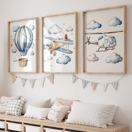 Cartoon Children Airplane Helicopter Hot Air Balloon Wall Art Prints Canvas Painting Poster Picture For Living Room Home Decor Peaceful Pleasures Health and Wellness G2476-3pcs 40x50cm Black Frame