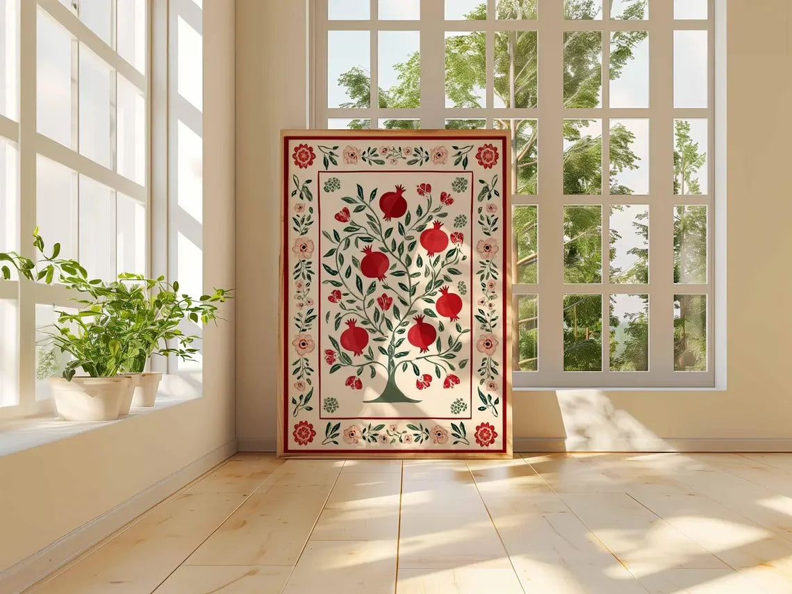 Pomegranate Tree Canvas Wall Art | Botanical Folk Art Print