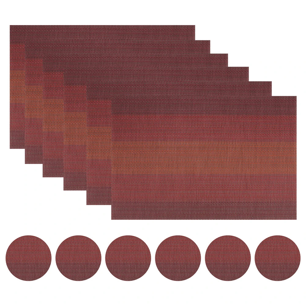 Set of 6 Placemats With Coasters Black Table Mats Crossweave Woven Vinyl Non-Slip Washable for Table Dining Kitchen Restaurant Peaceful Pleasures Health and Wellness Red 30x45cm