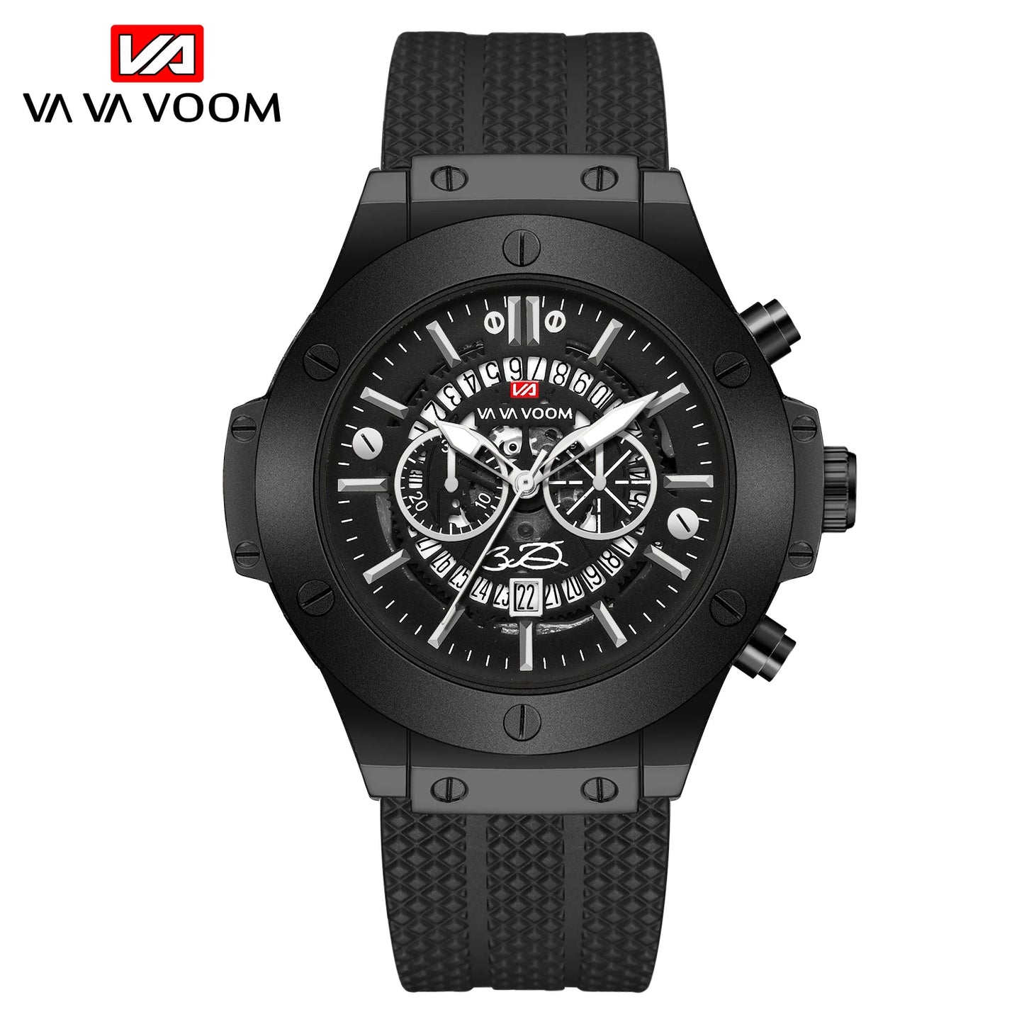 Black Silicone Mens Hand 46mm Hollowed Out Large Dial Rose Gold Fashionable Military Style Original Quartz Movement Sports Watch Peaceful Pleasures Health and Wellness 215H