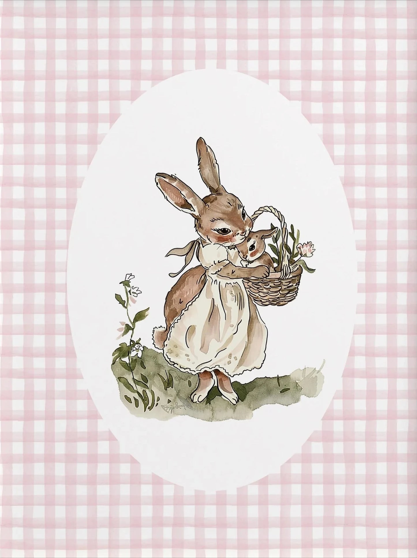 Cartoon Mom & Bunny Nursery Canvas Wall Art | Unframed Print