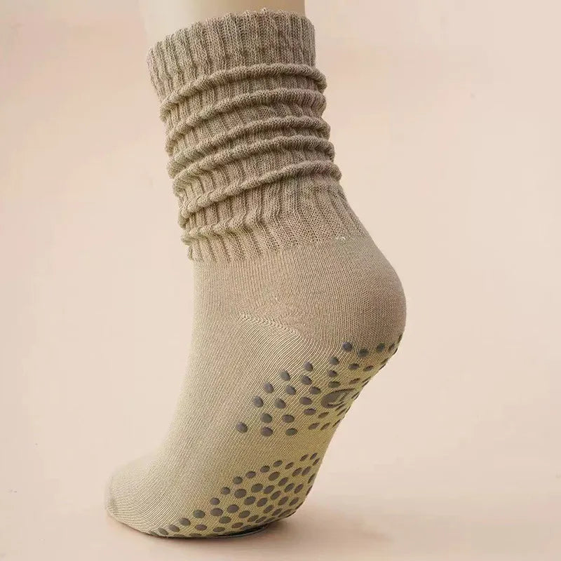 Yoga Socks Mid-Calf Pilates Socks Non-Slip Women's Sweat-Absorbent Non-Slip Dotted Floor Socks Versatile Sports Fitness Silicone Socks Peaceful Pleasures Health and Wellness Khaki One Size