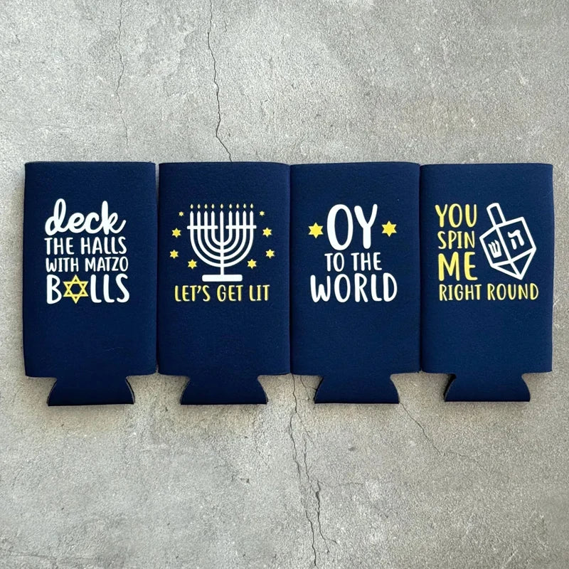 Set of 4 Hanukkah Slim Can Coolers – Chanukah Party Favors Can Cooler Set Peaceful Pleasures Health and Wellness