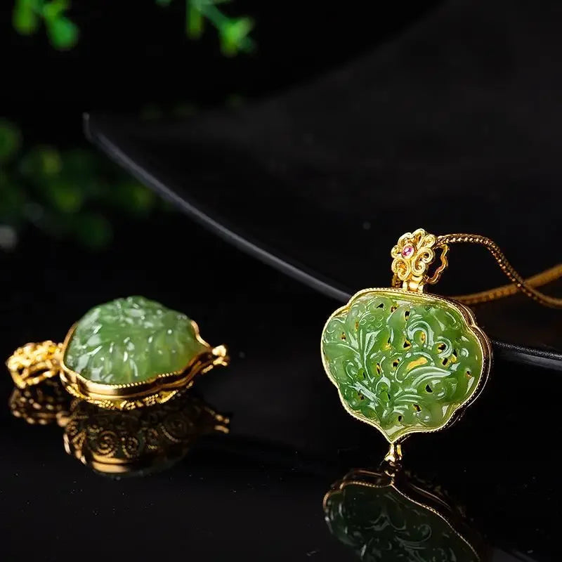 Light Luxury Fashion Hollow Out Safety Lock Ruyi Pattern Black Box Design Inlaid Natural Green Stone Retro Personality Pendant Peaceful Pleasures Health and Wellness