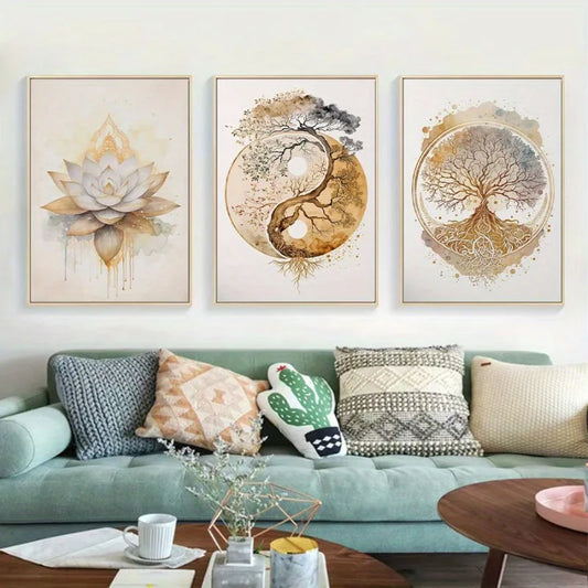 3-Piece Bohemian Lotus & Tree of Life Canvas Wall Art Prints Canvas Wall Art Set Peaceful Pleasures Health and Wellness