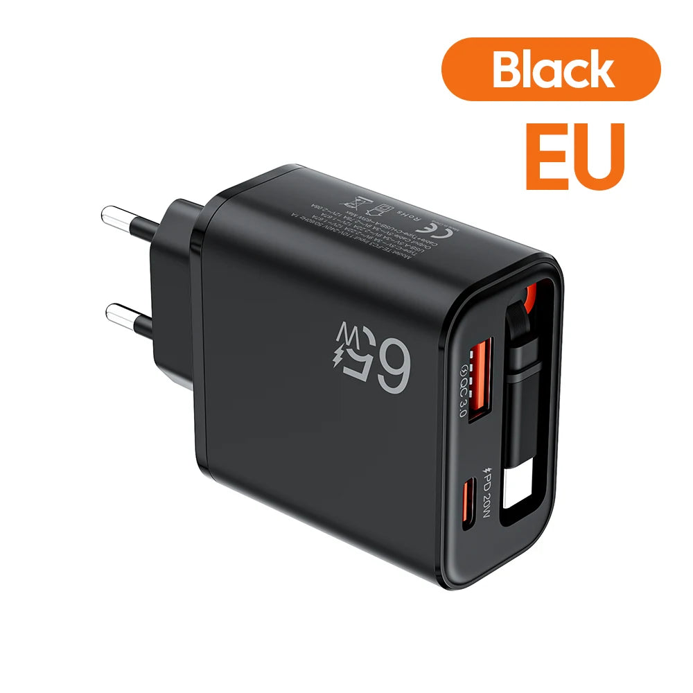 65W Retractable USB-C Charger QC 3.0 & PD 20W – iPhone & Android