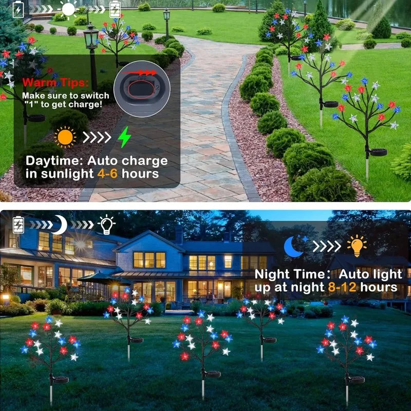 Red White Blue Star Solar String Lights Outdoor Waterproof