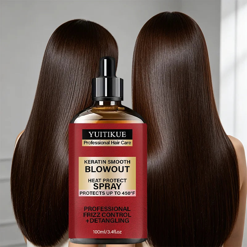 YUITIKUE Keratin Smooth Blowout Heat Protect Spray 100ml Up to 450°F Frizz Control Detangling Hair Care Peaceful Pleasures Health and Wellness