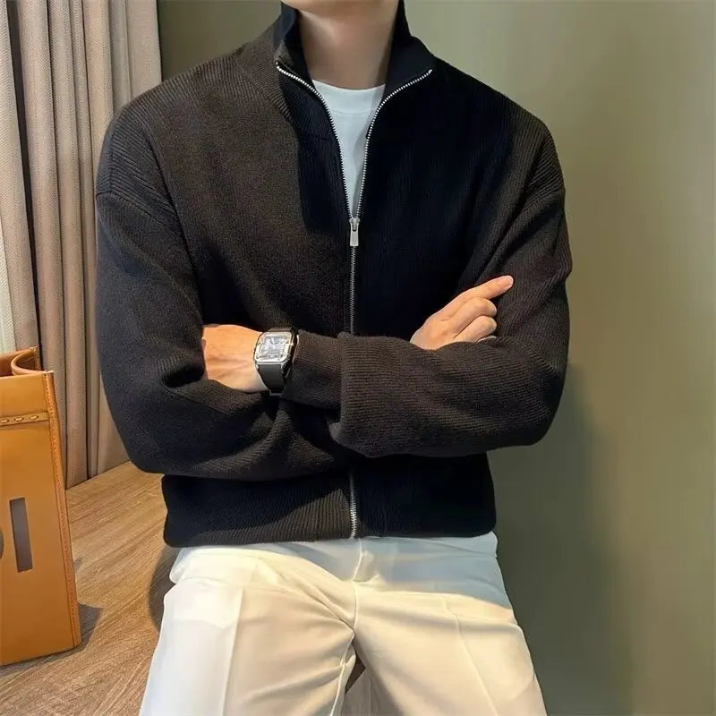 Men's Slim Fit Zip-Up Stand Collar Knit Cardigan Sweater