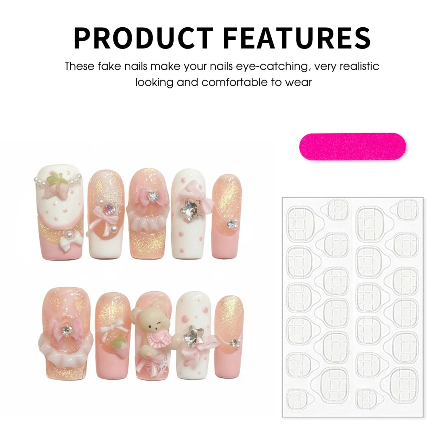 Handmade Press On Nails Pink Gold Cat Eye Bear Strawberry 10pcs