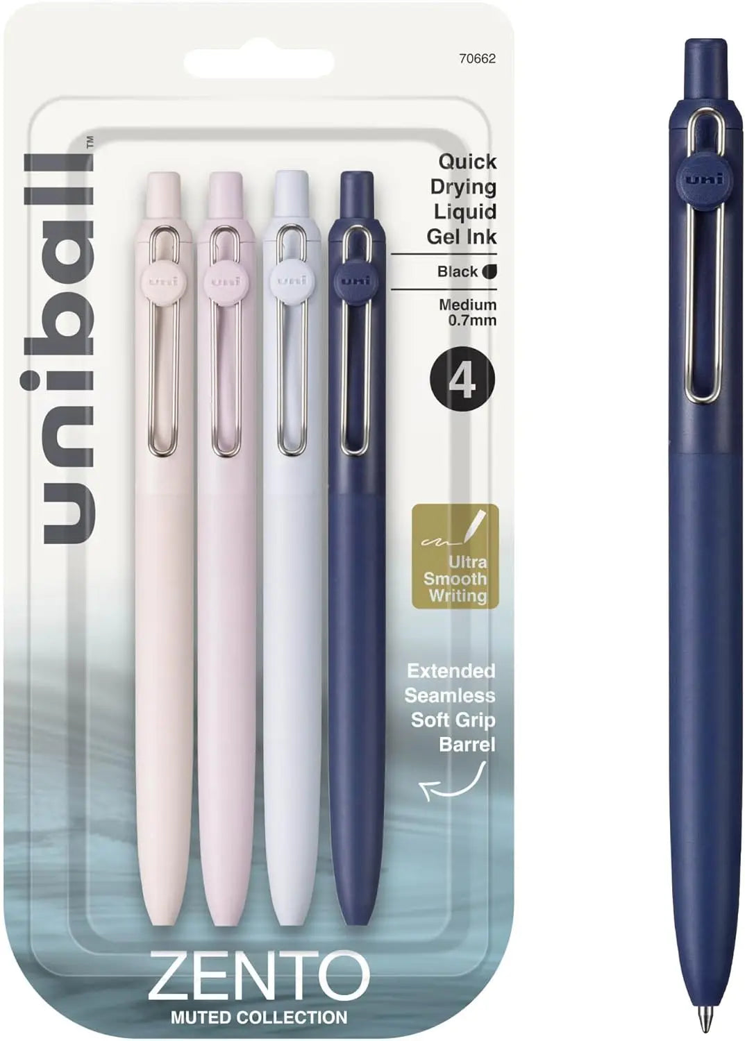 Uniball Zento gel ink pens in muted colors with packaging