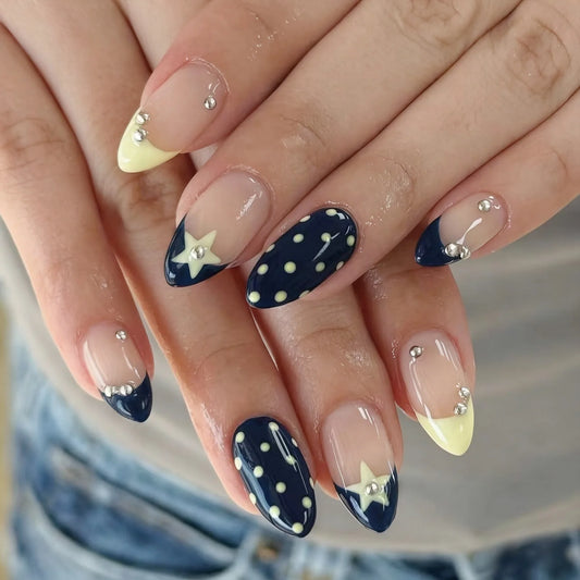 24pcs Colorful Y2k Press On Nails Star Print Designs Wearable Blue Yellow Polka Dot False Nails Fashion French Manicure Nail Art Peaceful Pleasures Health and Wellness S1