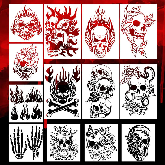 Bview Art 13-Piece Skull Painting Stencil PET Hollow Tracing Template Peaceful Pleasures Health and Wellness 13 pcs
