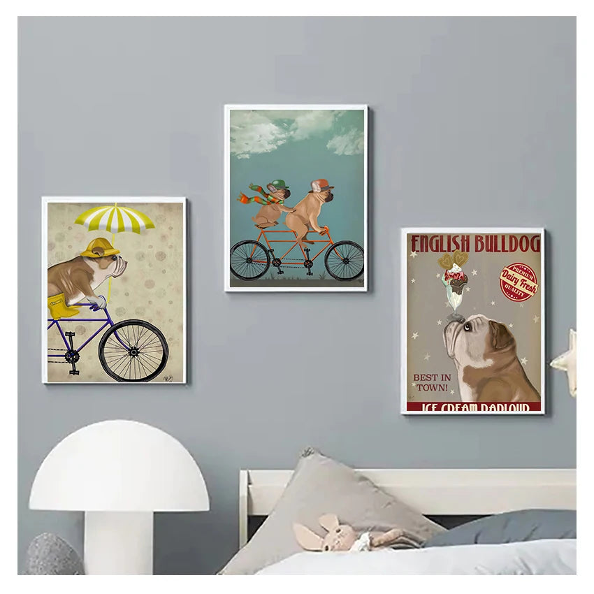 English Bulldog Ice Cream Retro Canvas Wall Art | Unframed