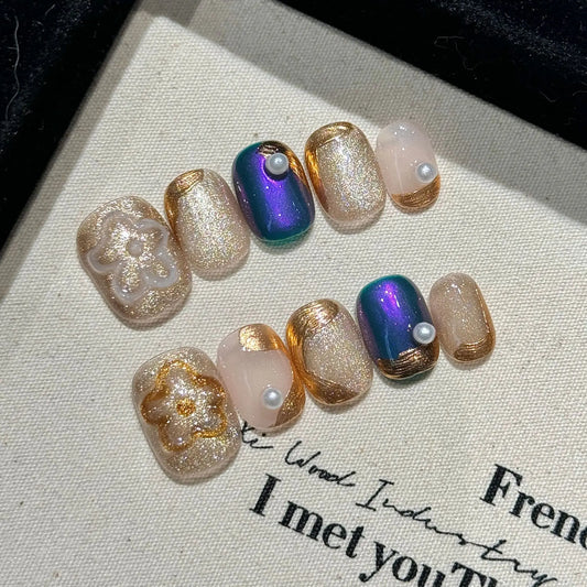 Handmade Press-On Nails Vintage French Gold Foil & Pearl Design Press-On Nail Tips Peaceful Pleasures Health and Wellness L 1