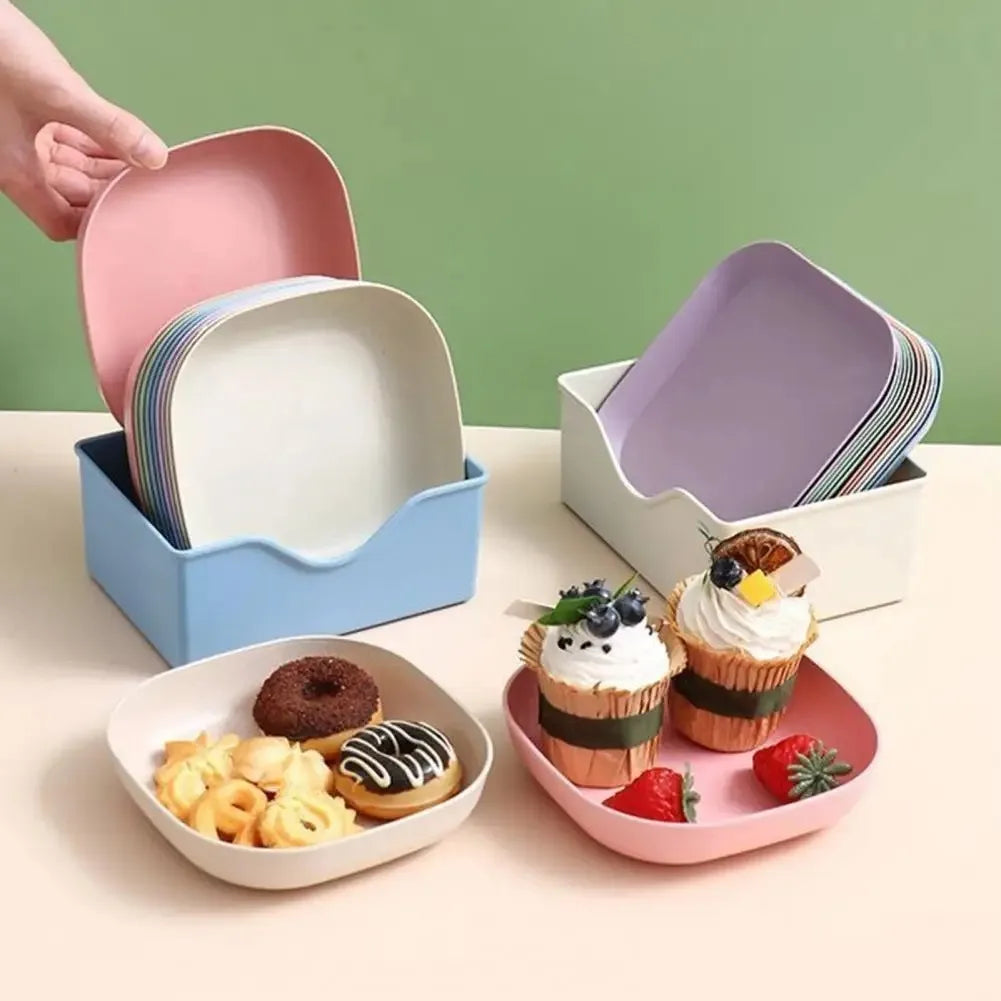 10-Piece Macaron Color Square Snack Plate Set with Stand