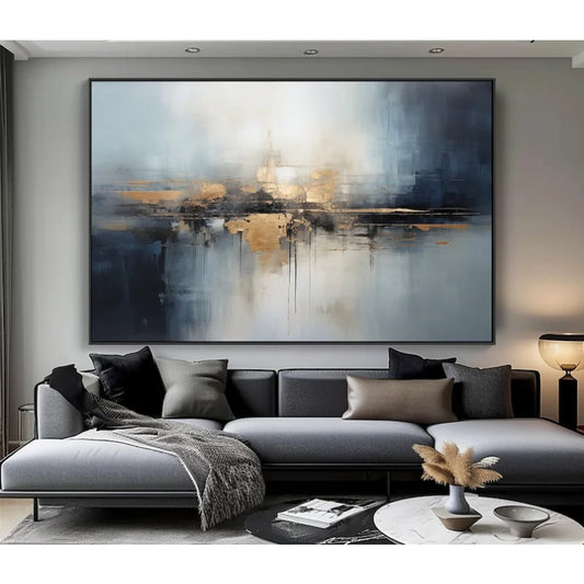 100% Hand Drawn, Textured, Acrylic Abstract, Wall Decoration for Living Room and Office Murals in Gold, Black, Beige, Navy Blue Peaceful Pleasures Health and Wellness 60x80cm