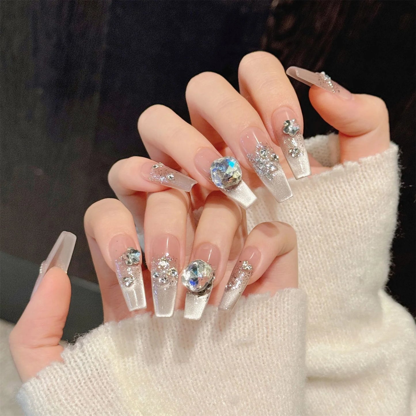 10pcs Handmade Press on Nails French Cat's Eye Fake Nails with Flash Rhinestones Decor Wearable Shiny Gradient False Nail Tips Peaceful Pleasures Health and Wellness S