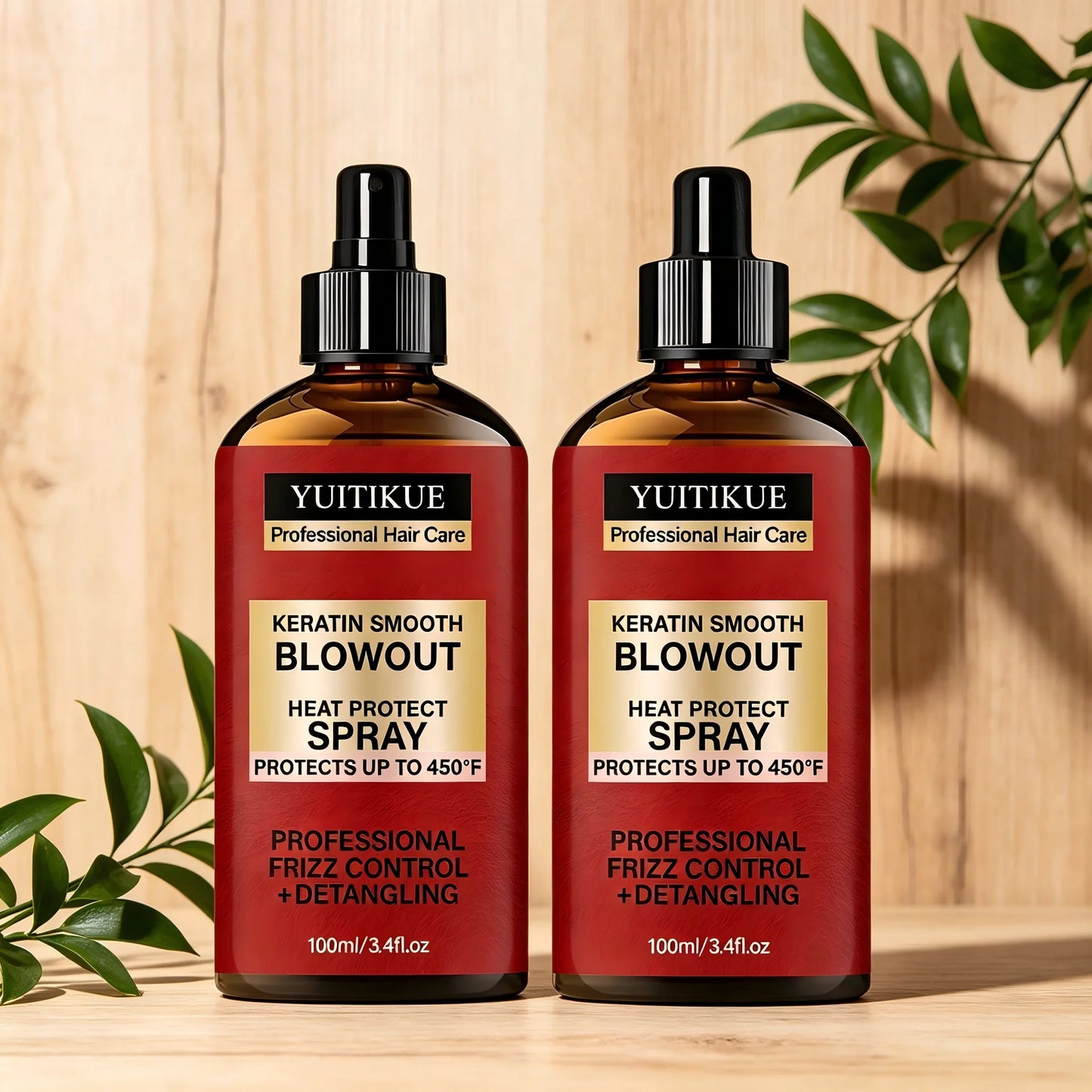 YUITIKUE Keratin Smooth Blowout Heat Protect Spray 100ml Up to 450°F Frizz Control Detangling Hair Care Peaceful Pleasures Health and Wellness 2pc