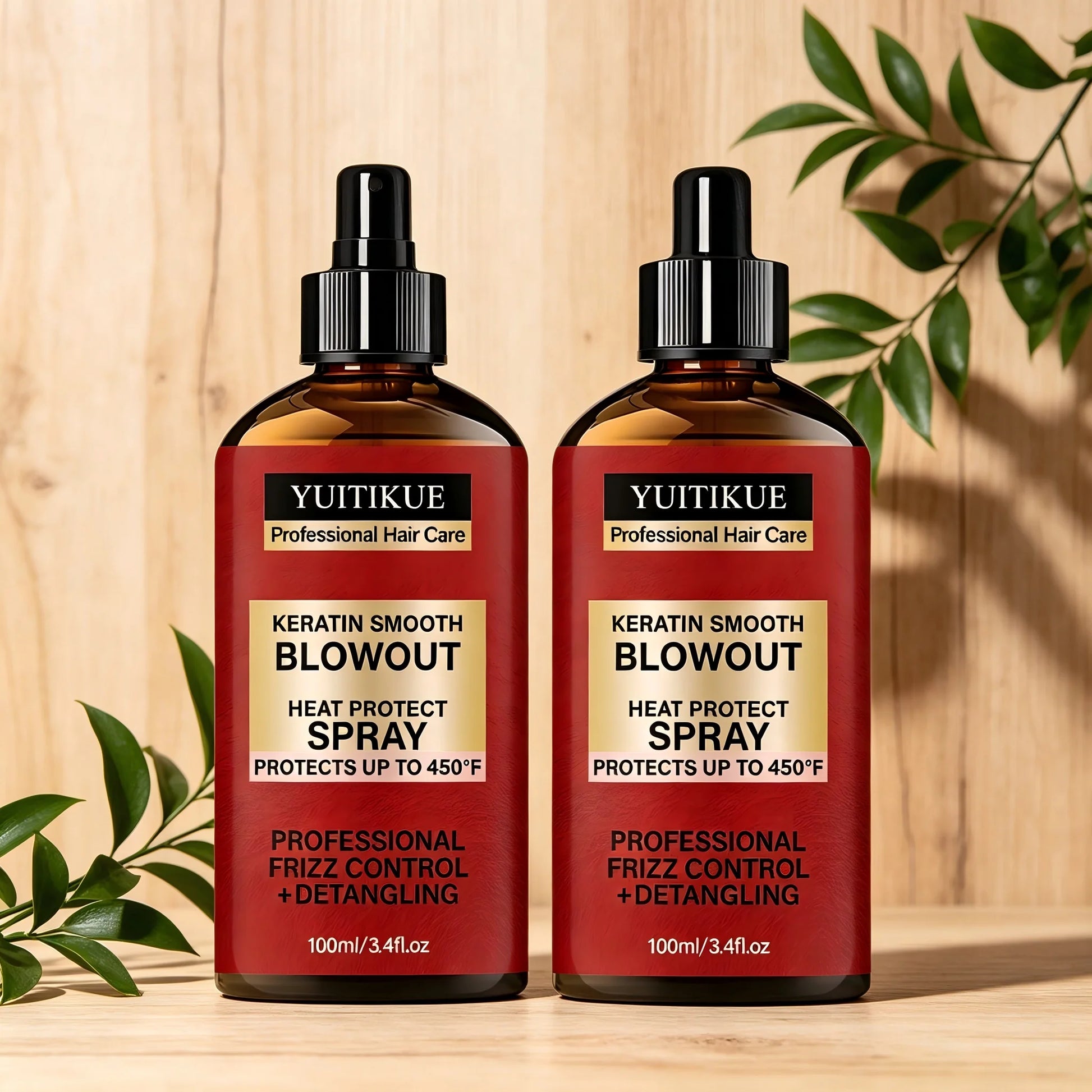 YUITIKUE Keratin Smooth Blowout Heat Protect Spray 100ml Up to 450°F Frizz Control Detangling Hair Care Peaceful Pleasures Health and Wellness 2pc