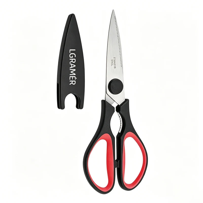 Red Stainless Steel Kitchen Scissors | Serrated Shears & Opener