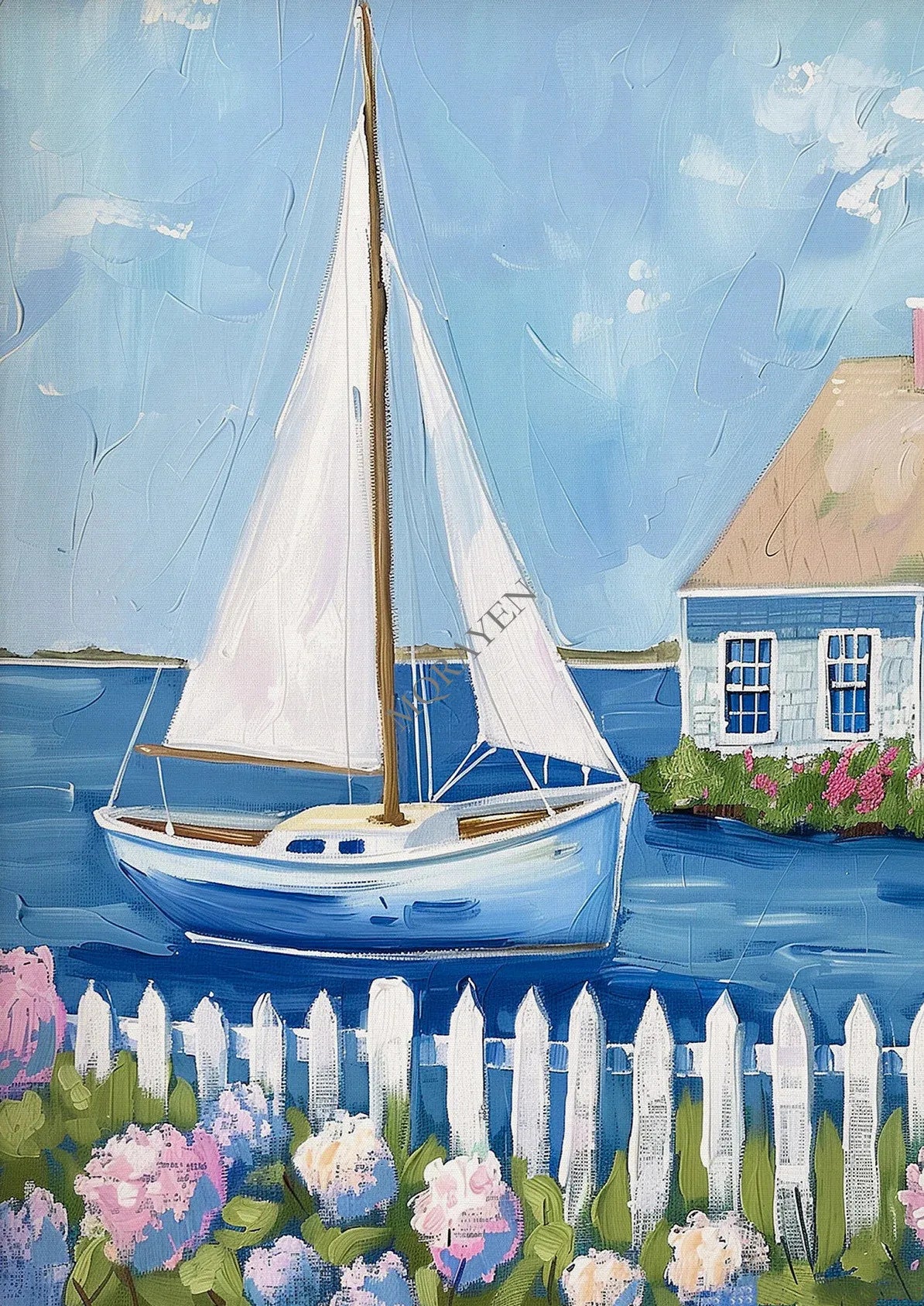 Blue Coastal Canvas Wall Art | Hydrangea Beach Seashell Print