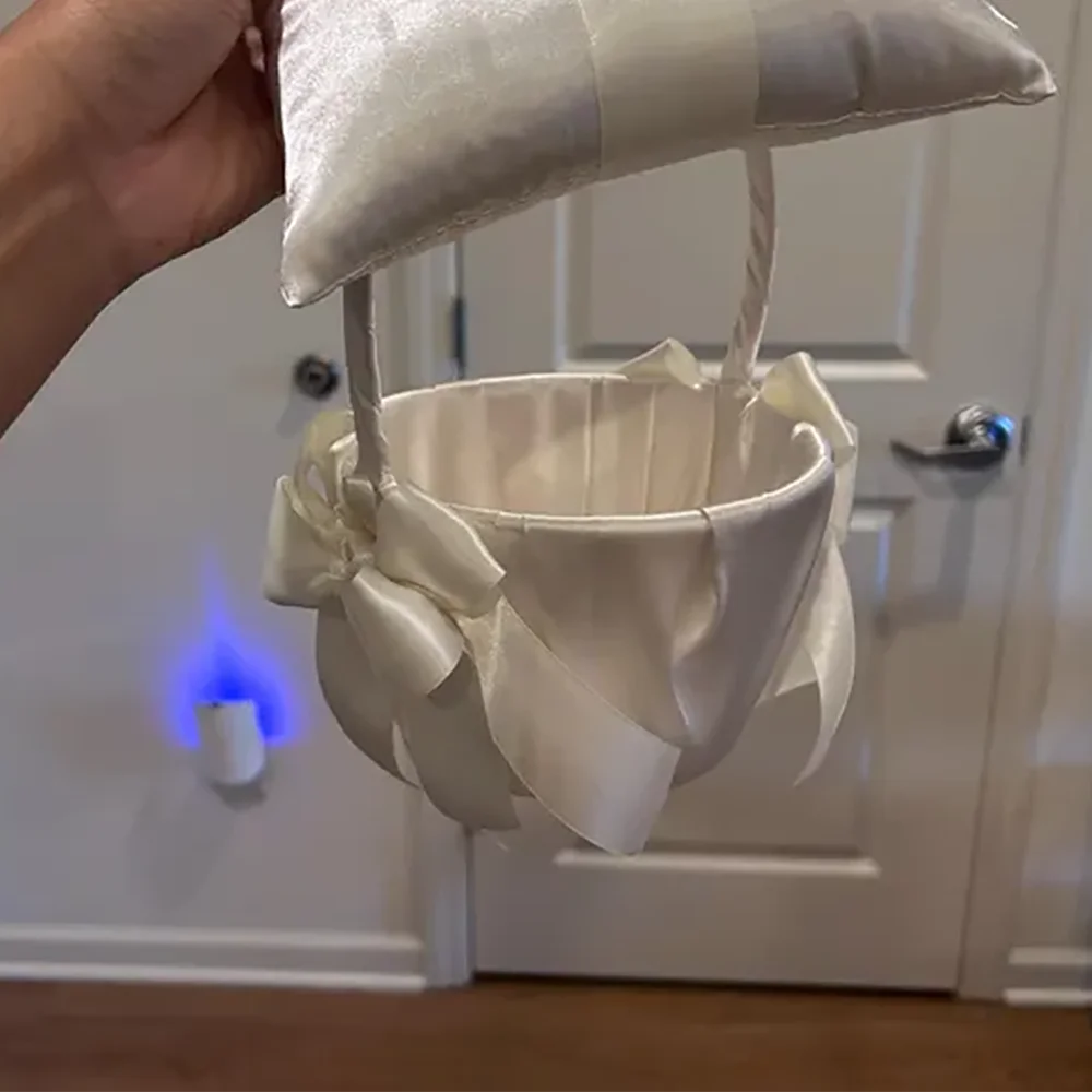 Custom Flower Girl Basket | Pearl Handle & Bow Ribbon Wedding Wedding Flower Basket Peaceful Pleasures Health and Wellness