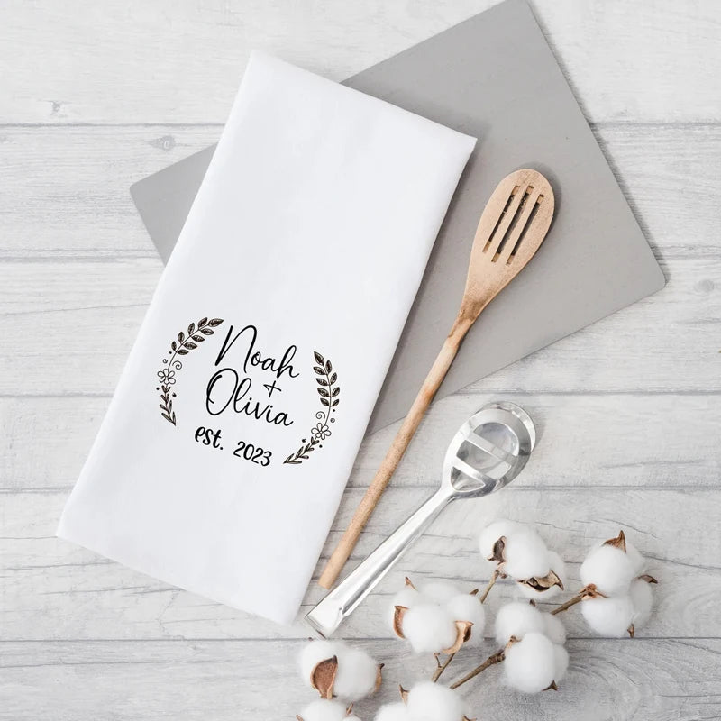 Personalised Couple Name & Date Cotton Tea Towel | Wedding Gift Personalised Tea Towel Peaceful Pleasures Health and Wellness