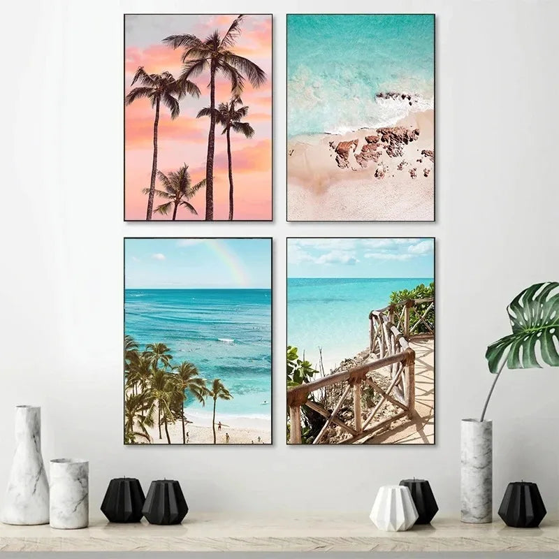 Summer Sunshine Beach Surf Palm Trees Sea View Poster Canvas Paintings Wall Art Pictures Home Decor Peaceful Pleasures Health and Wellness