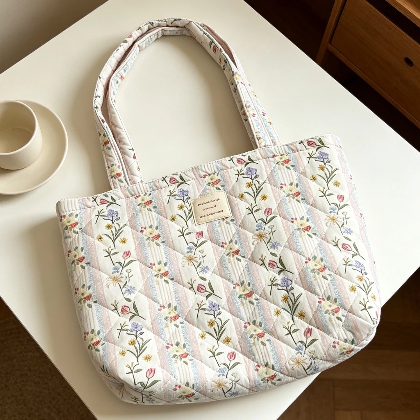 Women Quilted Cotton Laptop Work Tote Bag Lightweight Flower Print Shoulder Bags French Styles Armpit Bags for Daily Travel Work Peaceful Pleasures Health and Wellness Striped floral