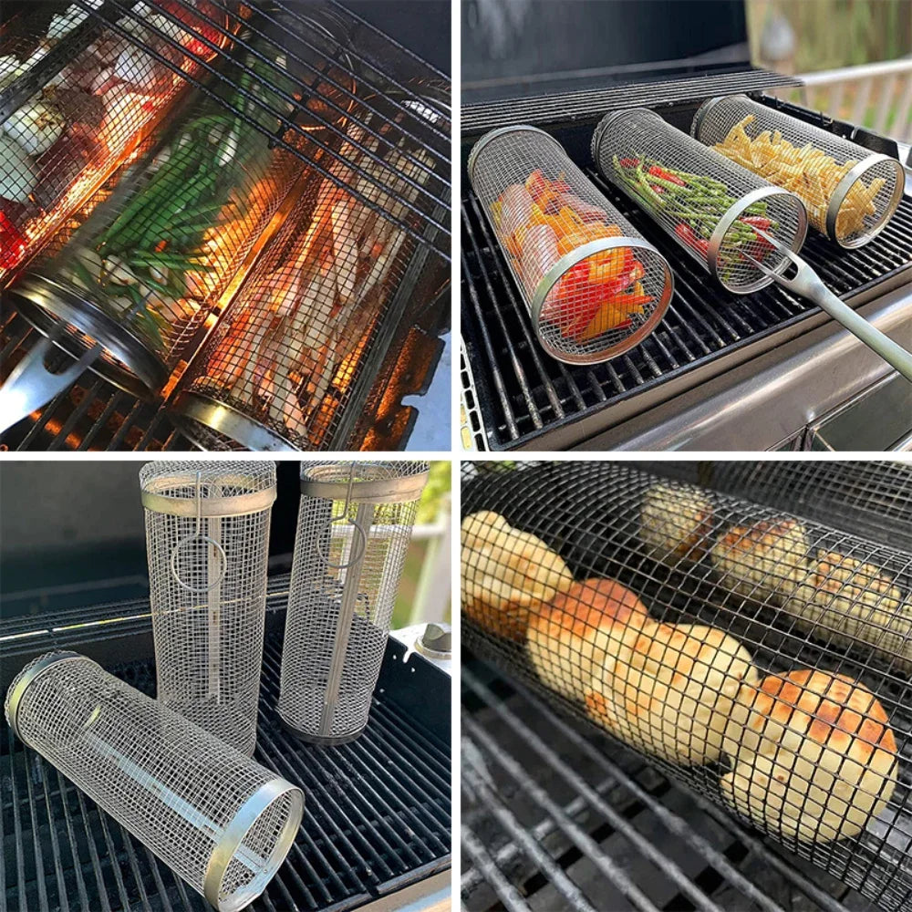 BBQ Basket Stainless Steel Rolling Grilling Basket Cylinder Grill Basket Portable Round Outdoor Camping Barbecue Rack with Lid Peaceful Pleasures Health and Wellness