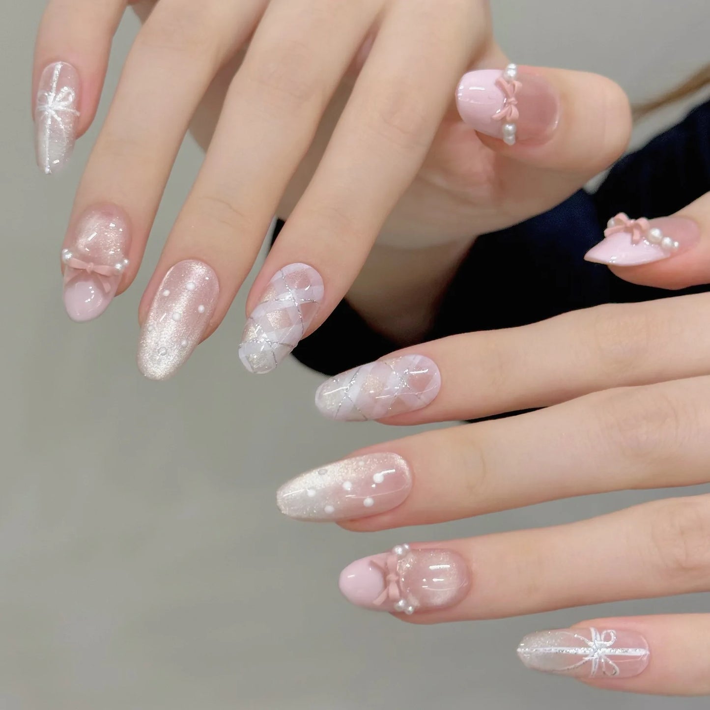 10pcs Handmade Press on Nails Sweet 3D Bow Decor Cat's Eye Fake Nail Tips Wearable Detachable Ins Plaid Pink French False Nails Peaceful Pleasures Health and Wellness