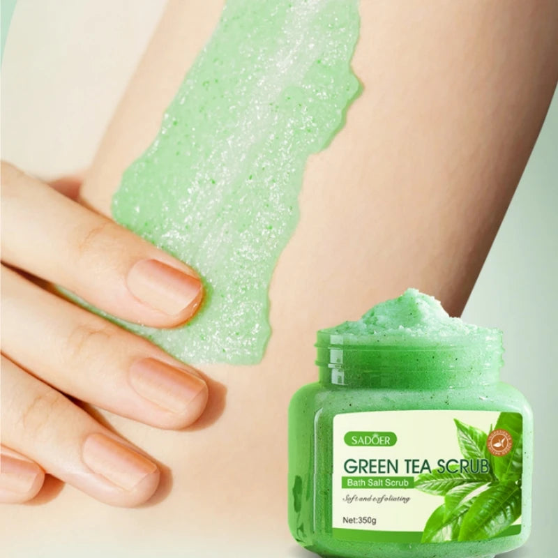 350g Green Tea Body Scrub, Rich in Skin-Beneficial Ingredients Such as Tea Polyphenols, Fine Particles for Exfoliation, Does Not Harm the Skin, Hydrates and Brightens the Complexion, Can Be Used on Multiple Areas of the Body, Peaceful Pleasures Health and Wellness