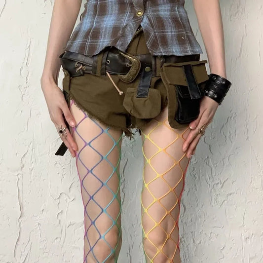 Y2K Rainbow Fishnet Stockings – Gradient Mesh High Waist Tights Fishnet Pantyhose Oasis Select Large Net One Size