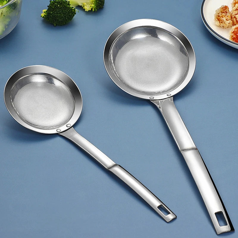 Stainless Steel Large Mesh Strainer With Long Handle Made Of Food Grade 304 Stainless Steel Anti-rust The Heat Resistant Handle Peaceful Pleasures Health and Wellness