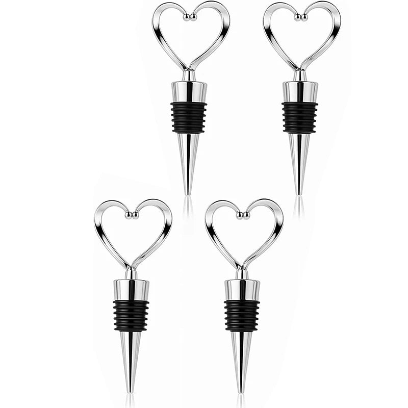 Heart Shape Wine Bottle Stoppers – Set of 4 | Silver & Champagne