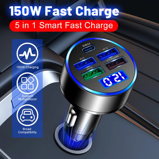 150W 5-Port Car Charger PD QC 3.0 Fast Charge Digital Display Car Charger Adapter Peaceful Pleasures Health and Wellness