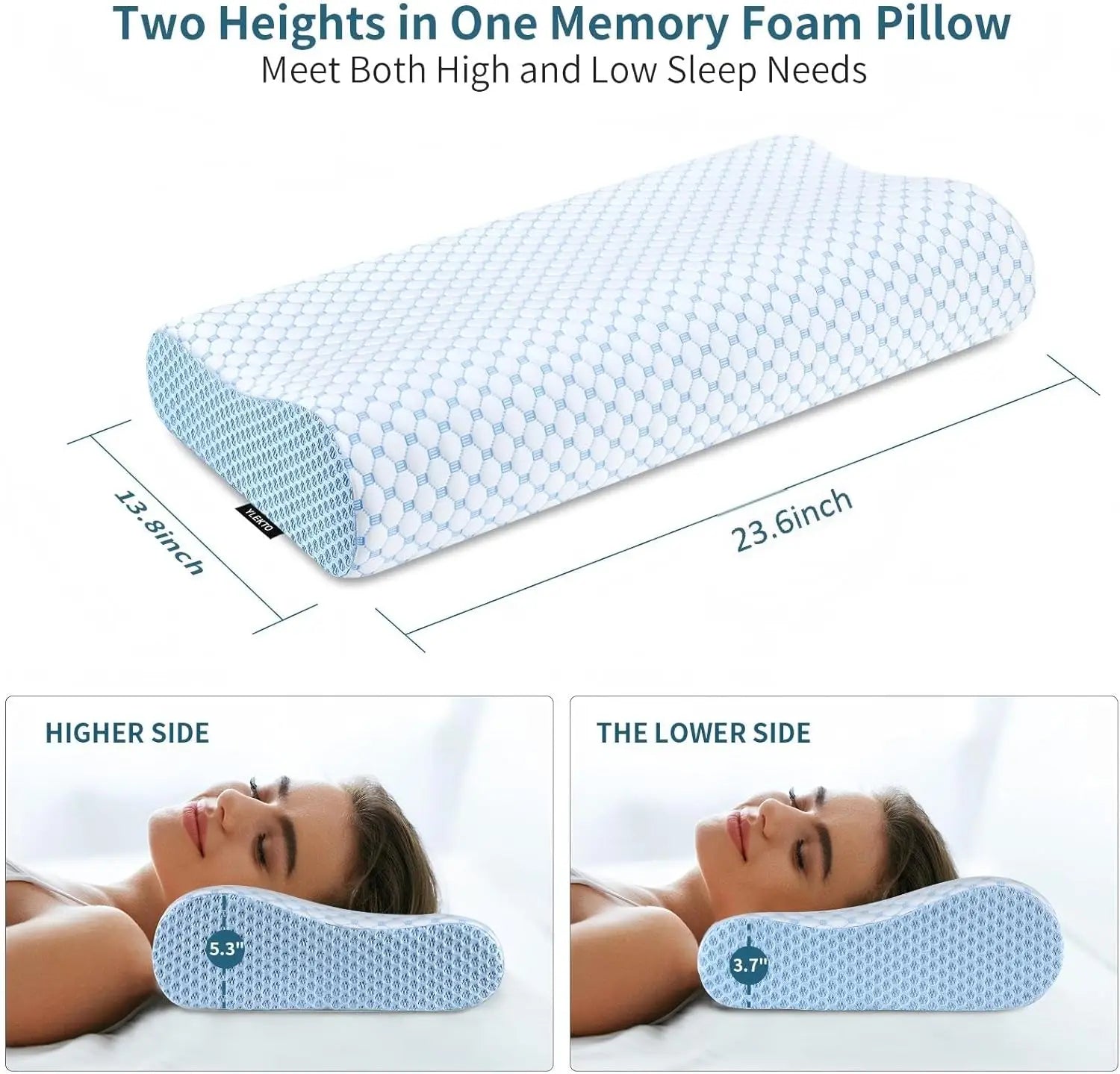 Memory foam pillow with adjustable height features, measurements, and usage examples on a white background.