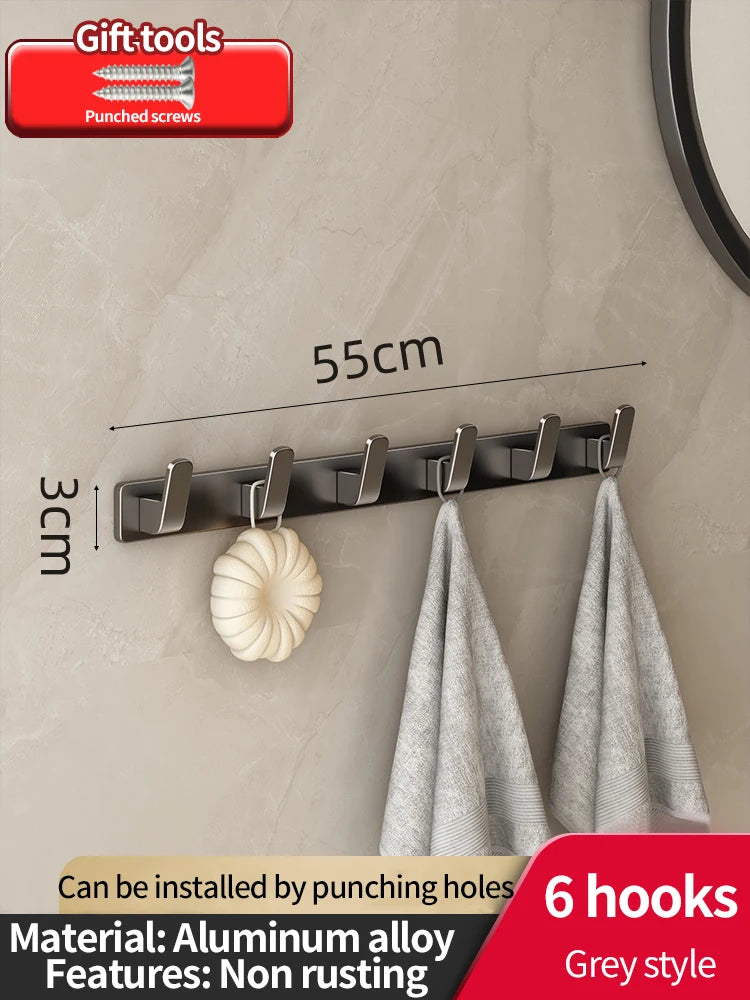 6-Hook Aluminum Wall Hook Rack for Kitchen & Bathroom