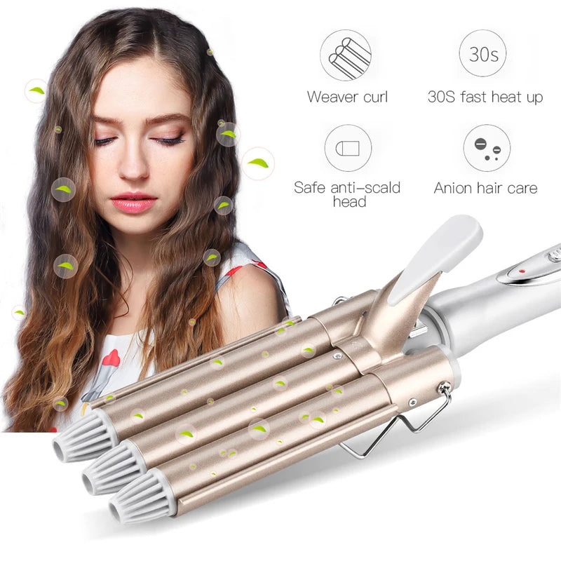 Automatic LCD Display Ceramic Ionic Hair Curler New Home Use Three Barrel Hair Waver PTC Heater Big Wave Curler for Waves Curls Peaceful Pleasures Health and Wellness