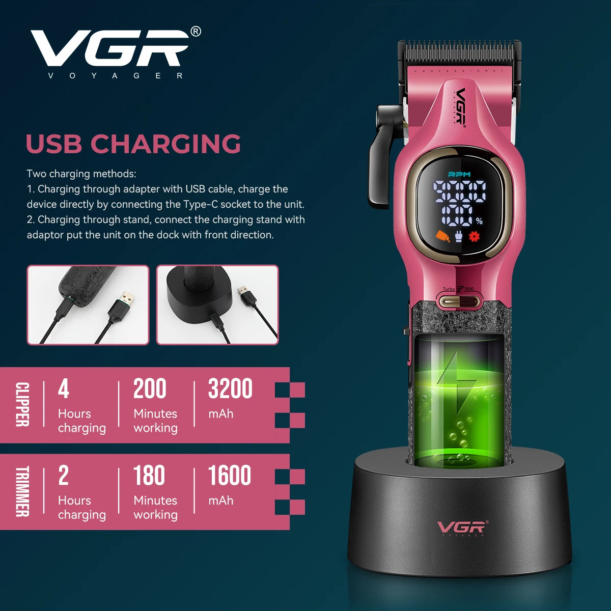 VGR high-end hair trimmer two-piece set metal body 9000 RPM hair clipper alloy blade head oil head carving push shear V-886 S2 Peaceful Pleasures Health and Wellness