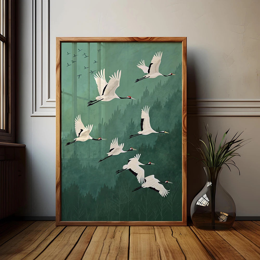 Sage Green Gold Japandi Art Print Flying Birds Wall Art Abstract Sun Art Living Room Decor Japanese Wall Art Bedroom Decor Gift Peaceful Pleasures Health and Wellness