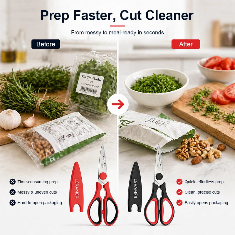 Red Stainless Steel Kitchen Scissors | Serrated Shears & Opener