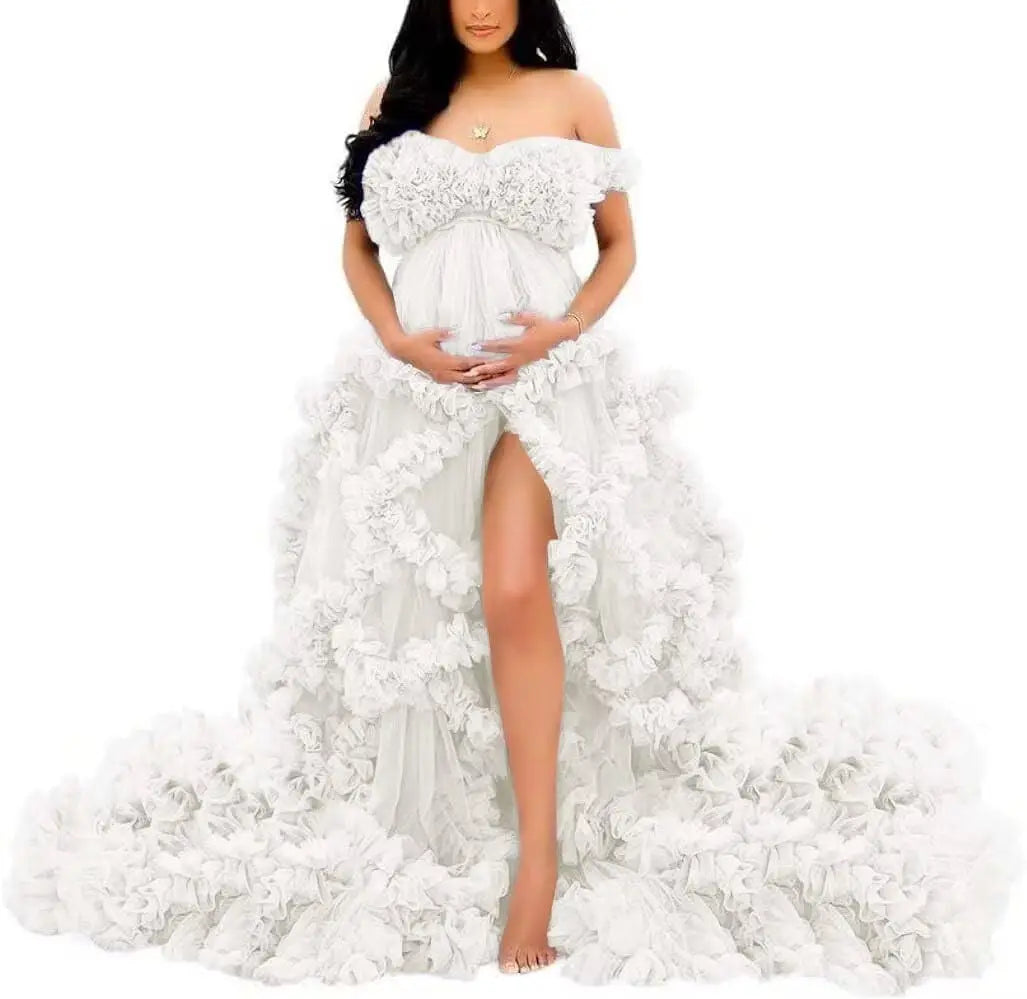 Photoshoot & Baby Shower Tulle Maternity Dress - Off Shoulder, Puffy Ruffles, Elegant Long Robe for Pregnancy Peaceful Pleasures Health and Wellness Ivory US 4