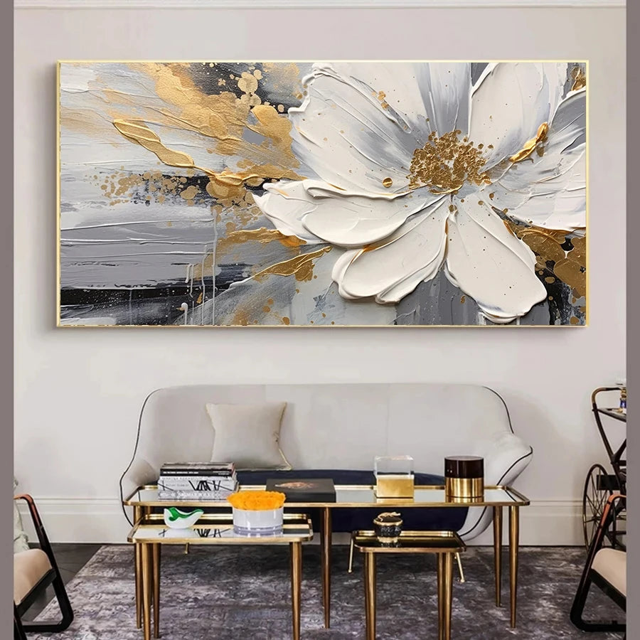 Large White & Gold Floral Canvas Wall Art Print – Unframed Canvas Wall Art Print Peaceful Pleasures Health and Wellness