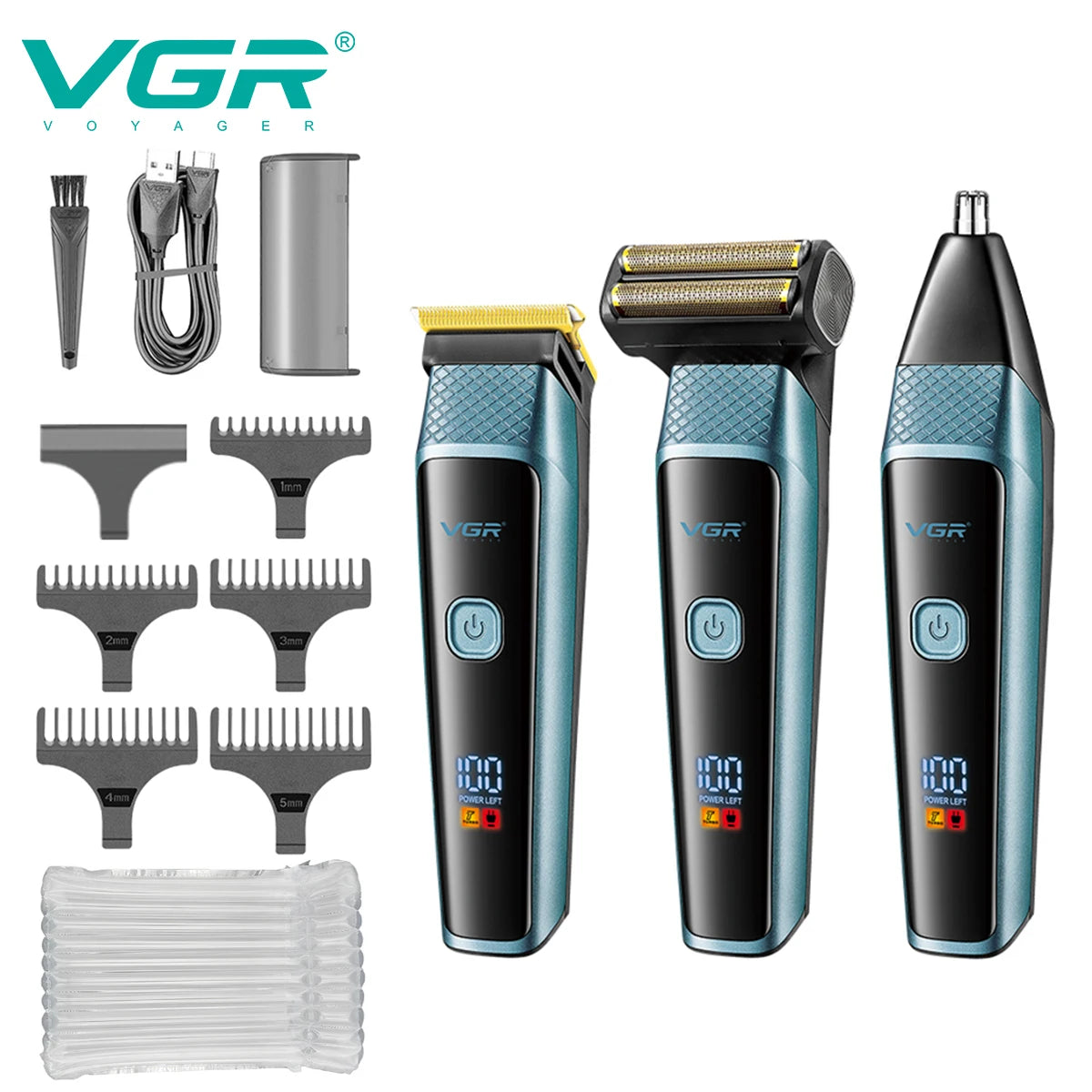 VGR 366 Cross-border New Retro Electric Clipper 3-in-1 Set Nose Hair Replacement Digital Display Shaver Peaceful Pleasures Health and Wellness 366 blue NO box